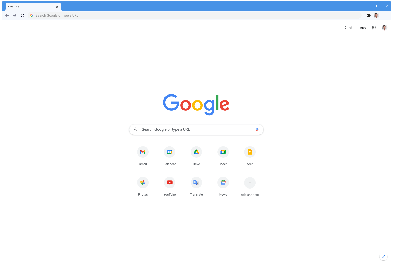 האתר Google.com מוצג בחלון של דפדפן Chrome בגרסת העיצוב הקלאסי.