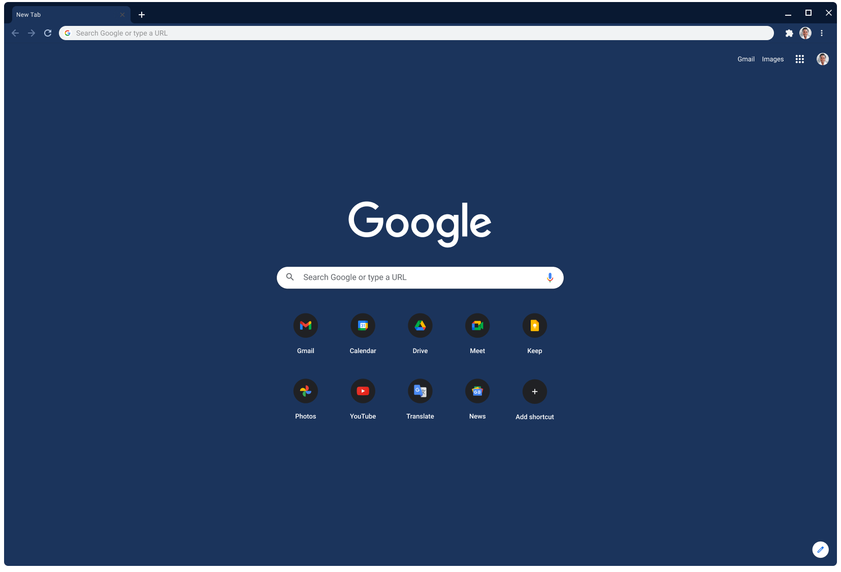 האתר Google.com מוצג בחלון של דפדפן Chrome בגרסת העיצוב האפור.