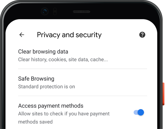 דף הגדרות האבטחה והפרטיות בדפדפן Chrome במסך של מכשיר נייד.