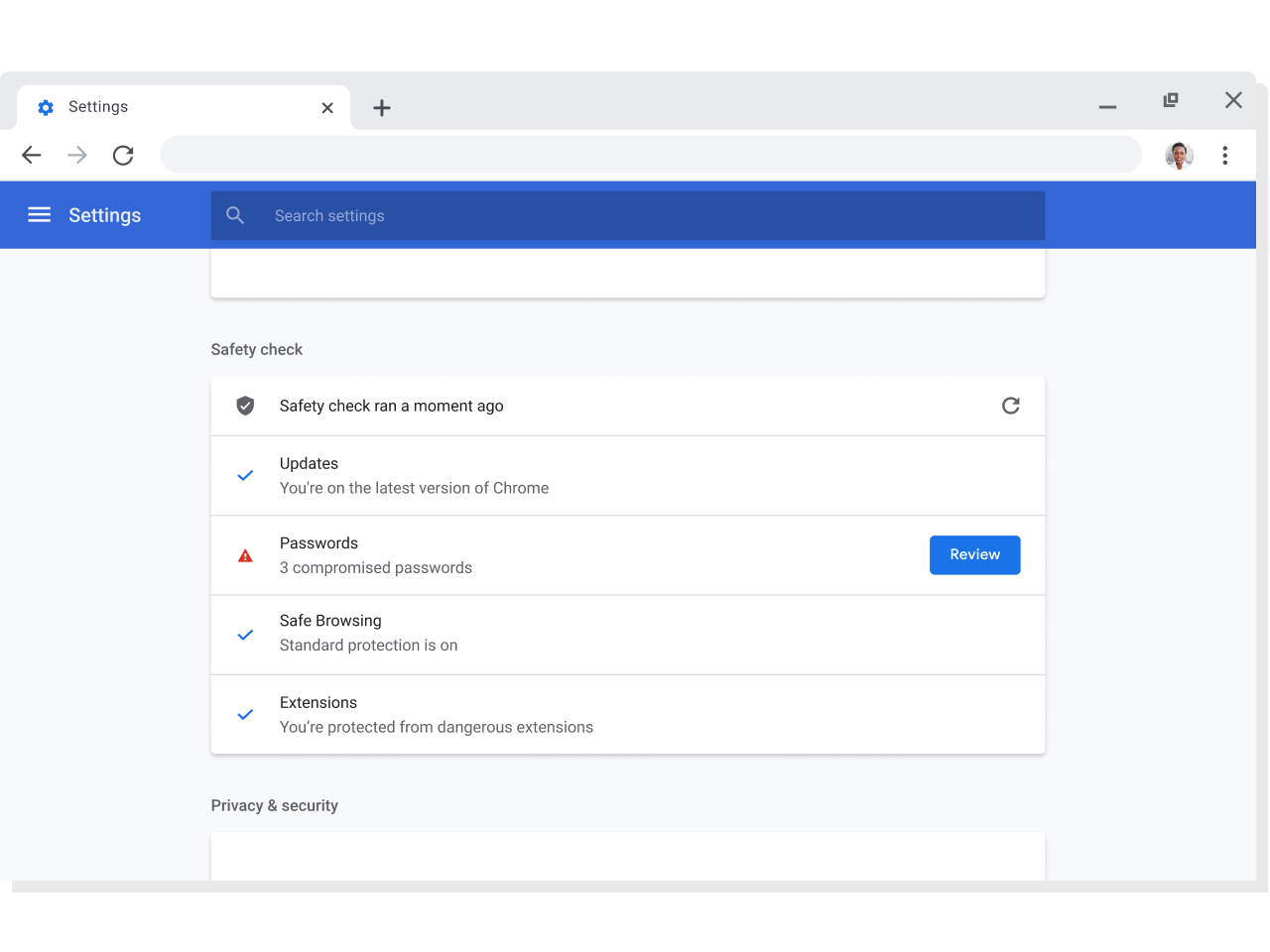 הגדרות חשבון וסנכרון של חשבונות Google, במצב שבו הסנכרון מופעל, מוצגות בחלון של דפדפן Chrome.