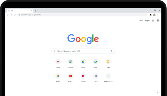 הפינה הימנית העליונה של מחשב נייד Pixelbook Go שבמסך שלו מוצגים סרגל החיפוש באתר Google.com ואפליקציות מועדפות.