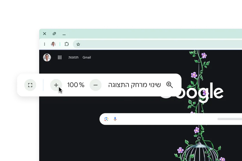 דף הבית של Google וחלון קופץ עם זום שמוגדר ל-100%