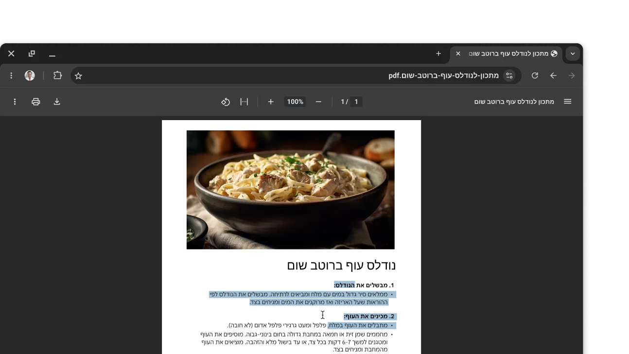קובץ PDF עם מתכון פתוח בחלון של דפדפן Chrome. המשתמש בחר טקסט בתוך קובץ ה-PDF.