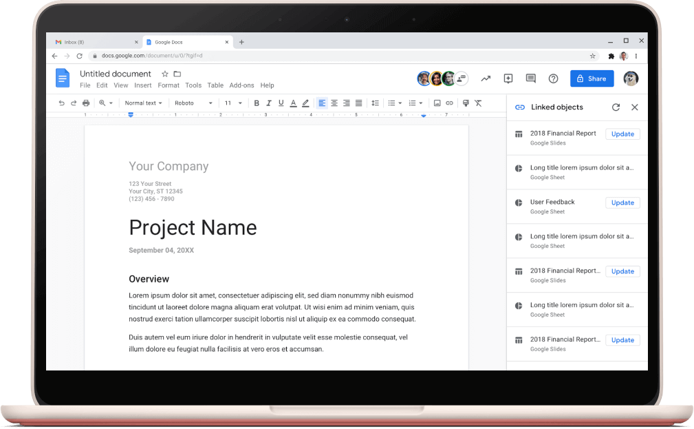תבנית פרויקט פתוחה מוצגת במסך של Google Docs.
