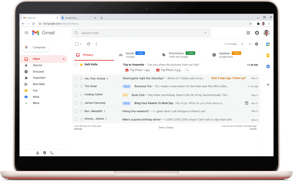 מסך של ממשק Gmail עם רשימת הודעות אימייל.