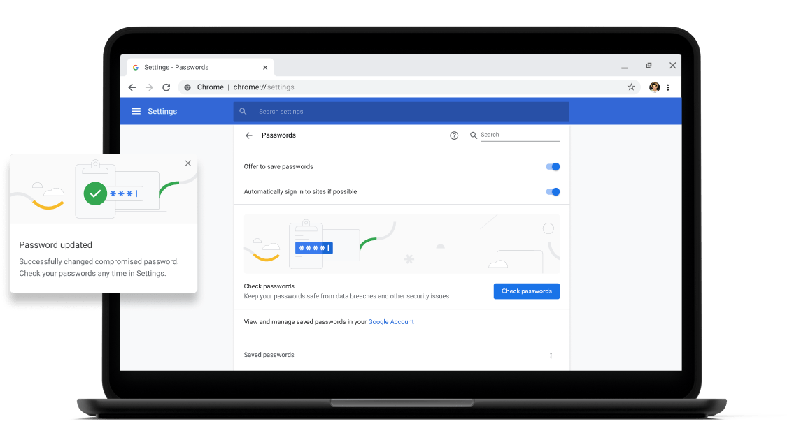 בדיקת הסיסמאות Pixelbook Go laptop with screen displaying Chrome password check with a passsword update dialog box.