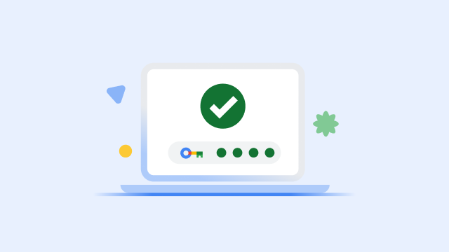 מסך של מחשב נייד שמוצג בו סימן וי ירוק גדול וסרגל התקדמות מלא של מפתח אבטחה.