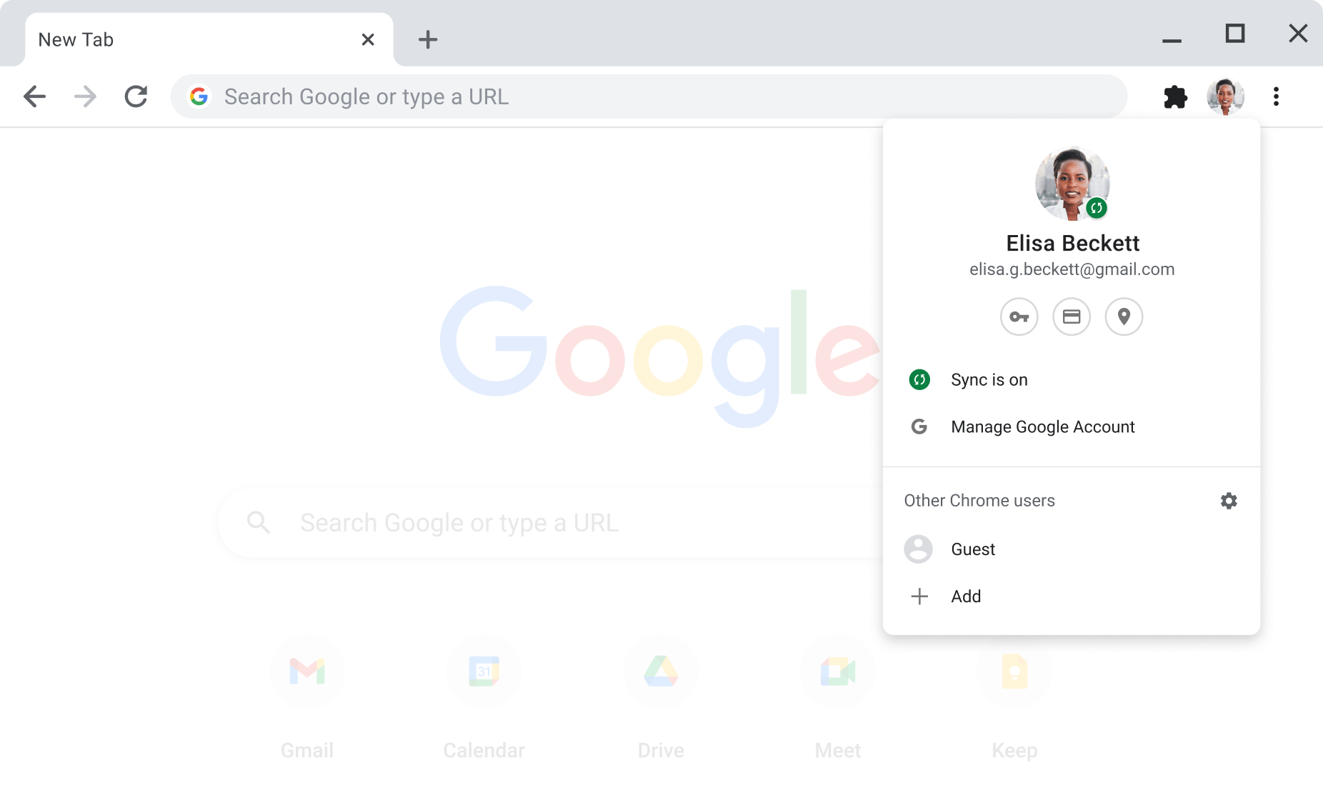 הגדרות חשבון וסנכרון של חשבונות Google, במצב שבו הסנכרון מופעל, מוצגות בחלון של דפדפן Chrome.